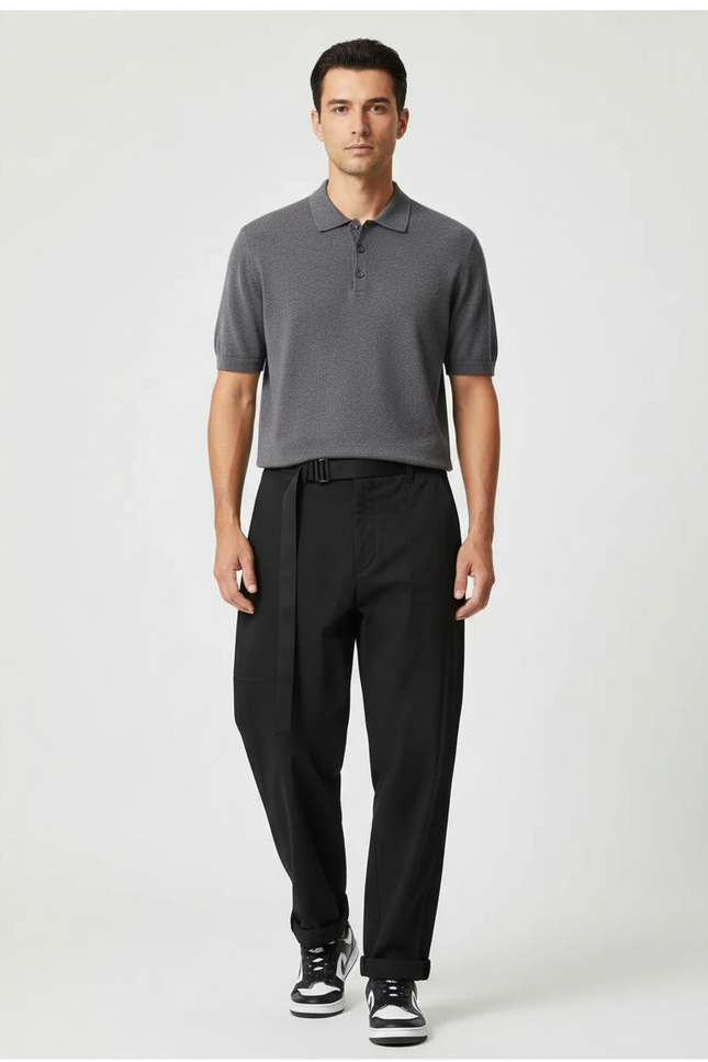 Pantalon Parachute Noir Ample Ceinture Décontracté Homme - Gabardine