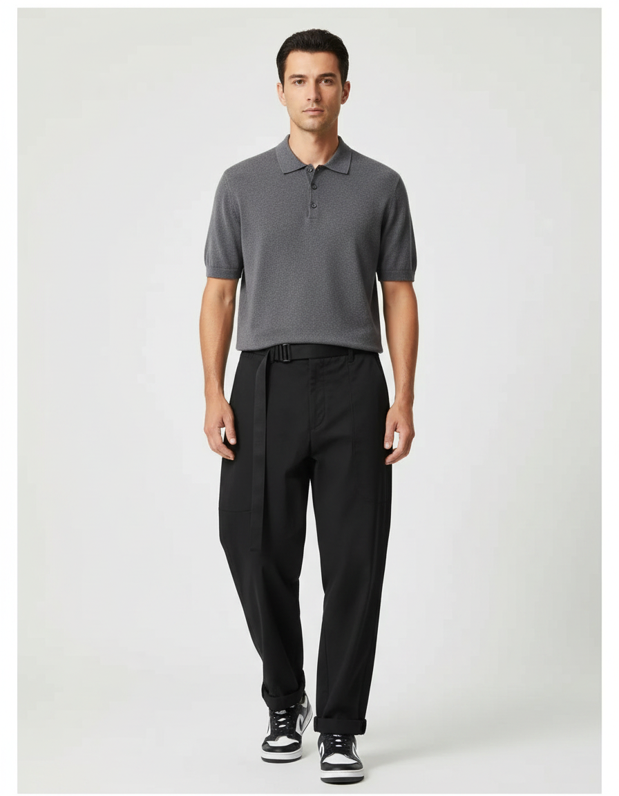 Pantalon Parachute Noir Ample Ceinture Décontracté Homme - Gabardine