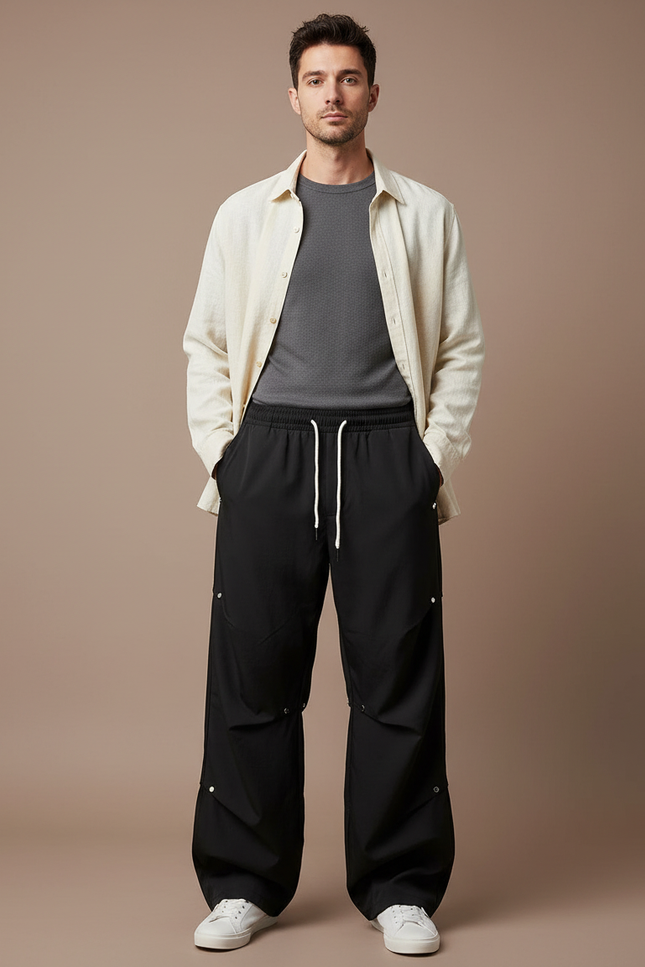 Pantalon Parachute Noir Ample Décontracté Homme Boutons - Polyester