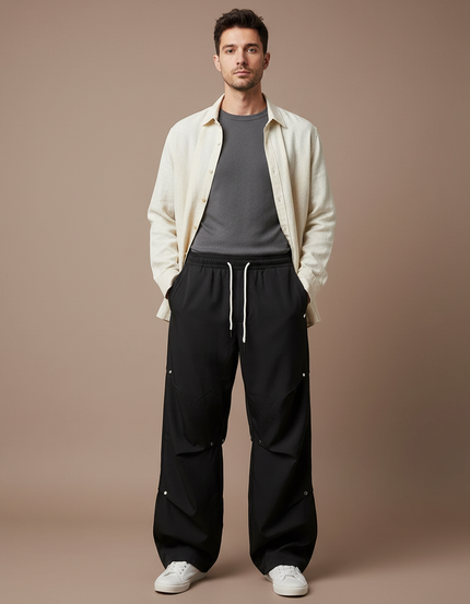 Pantalon Parachute Noir Ample Décontracté Homme Boutons - Polyester