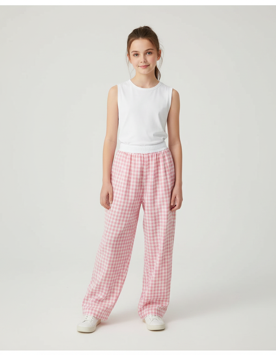 Pantalon Parachute Rose Vichy Ample Coton Enfant