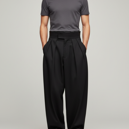 Pantalon Parachute Noir Plissé Ample Taille Haute Homme - Gabardine