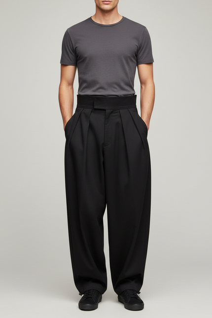 Pantalon Parachute Noir Plissé Ample Taille Haute Homme - Gabardine