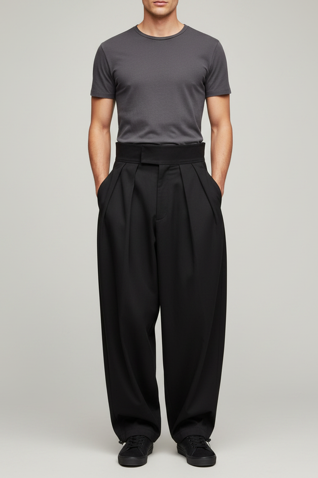 Pantalon Parachute Noir Plissé Ample Taille Haute Homme - Gabardine