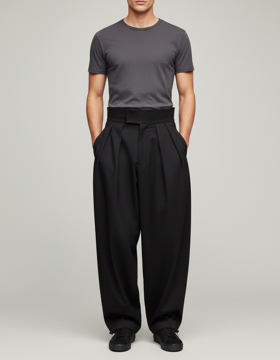Pantalon Parachute Noir Plissé Ample Taille Haute Homme - Gabardine