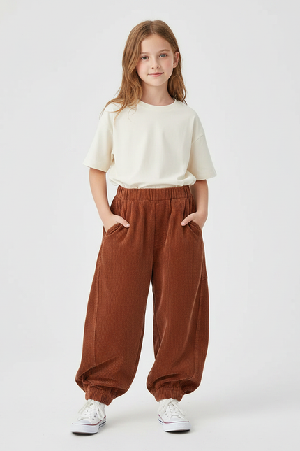 Pantalon Parachute Côtelé Marron Ample Enfant Décontracté - Cordé