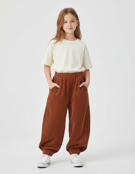 Pantalon Parachute Côtelé Marron Ample Enfant Décontracté - Cordé