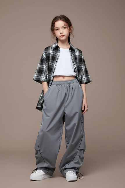 Pantalon Parachute Gris Ample Streetwear Lignes Noires - Polyester