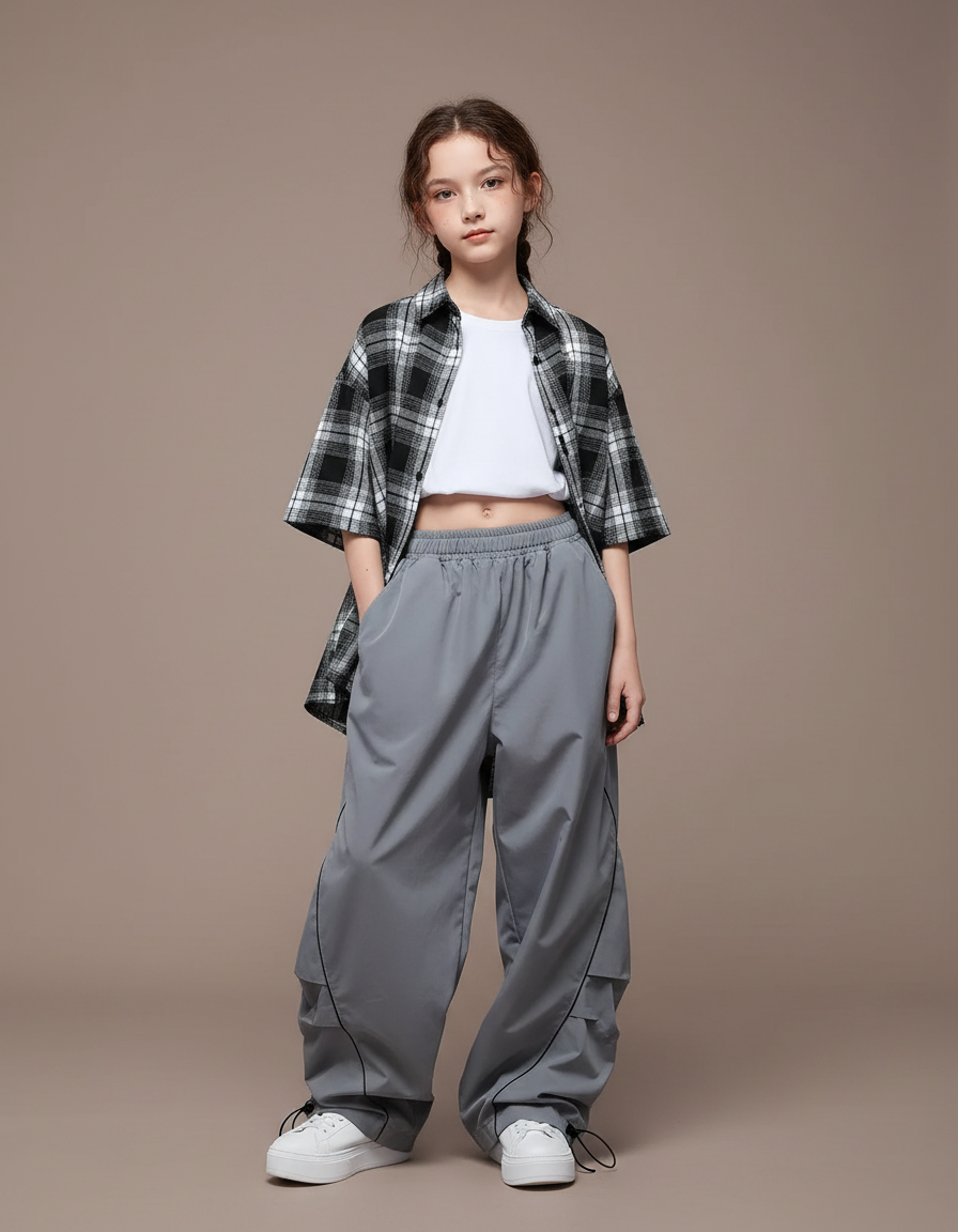 Pantalon Parachute Gris Ample Streetwear Lignes Noires - Polyester