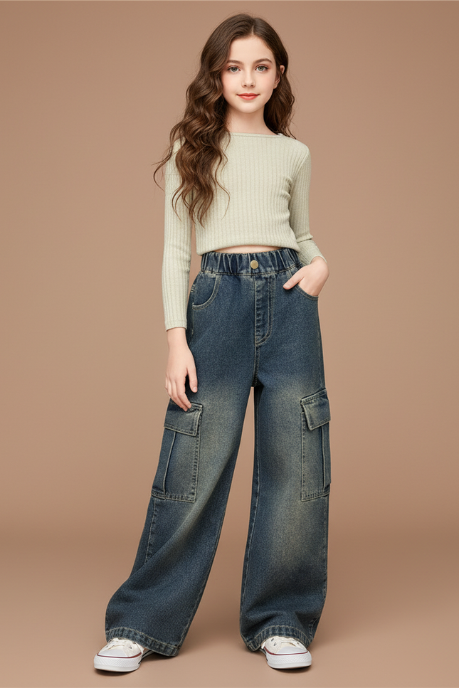 Pantalon Parachute Denim Ample Cargo Fille Décontracté - Bleu Jean