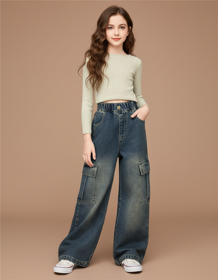 Pantalon Parachute Denim Ample Cargo Fille Décontracté - Bleu Jean