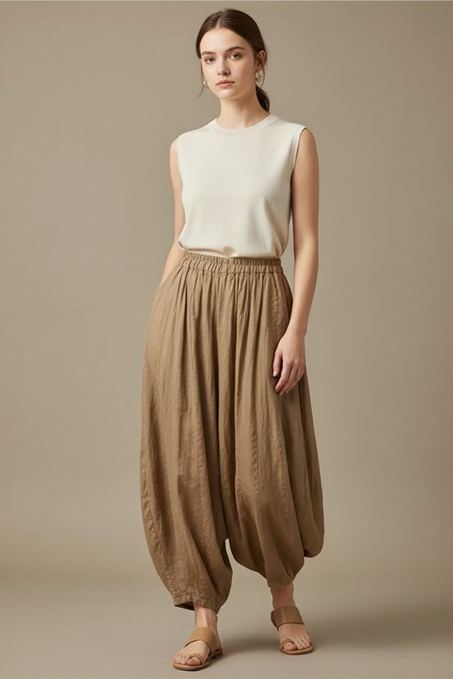 Pantalon Parachute Lin Ample Marron Décontracté Femme