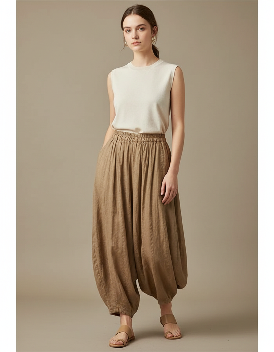 Pantalon Parachute Lin Ample Marron Décontracté Femme