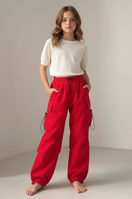 Pantalon Parachute Rouge Ample Fille Cargo Cordon - Polyester