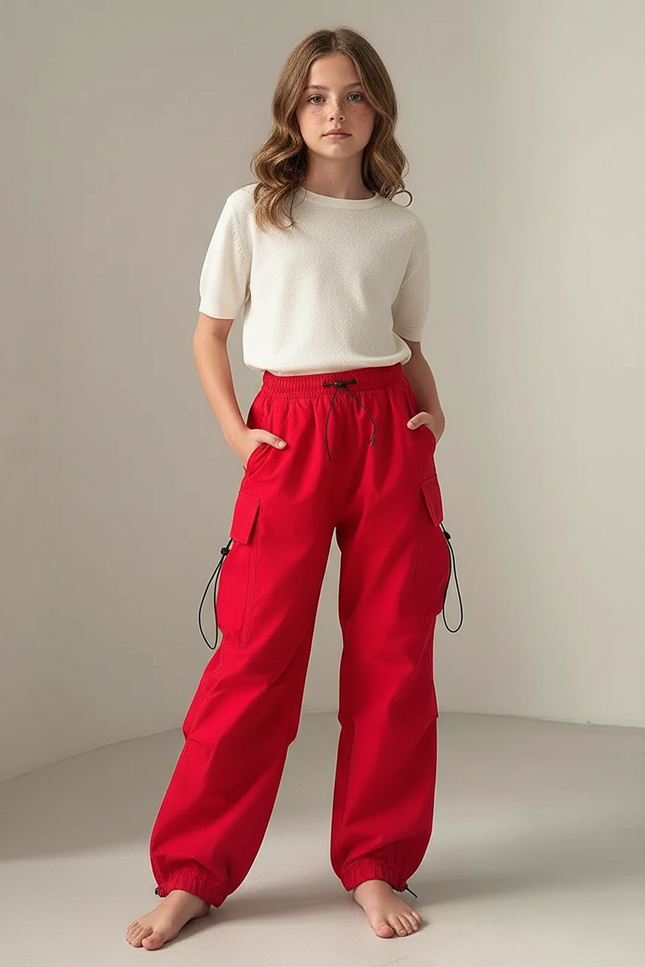 Pantalon Parachute Rouge Ample Fille Cargo Cordon - Polyester