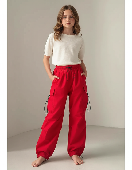 Pantalon Parachute Rouge Ample Fille Cargo Cordon - Polyester