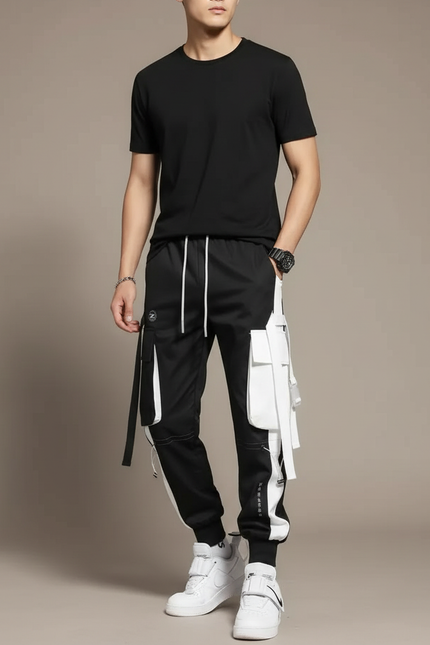 Pantalon Parachute Noir Cargo Techwear Jogger Homme - Polyester