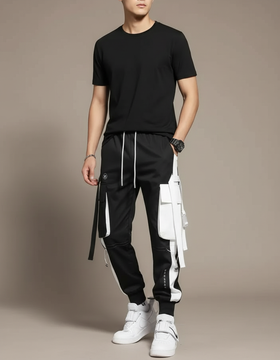 Pantalon Parachute Noir Cargo Techwear Jogger Homme - Polyester