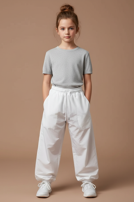 Pantalon Parachute Blanc Ample Décontracté Cordon Femme - Polyester