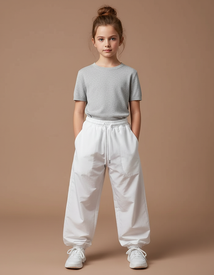 Pantalon Parachute Blanc Ample Décontracté Cordon Femme - Polyester