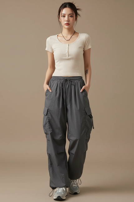 Pantalon Parachute Gris Ample Cargo Femme Streetwear - Polyester