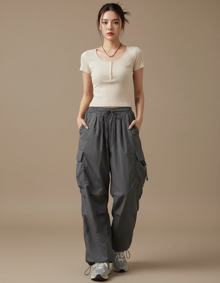 Pantalon Parachute Gris Ample Cargo Femme Streetwear - Polyester