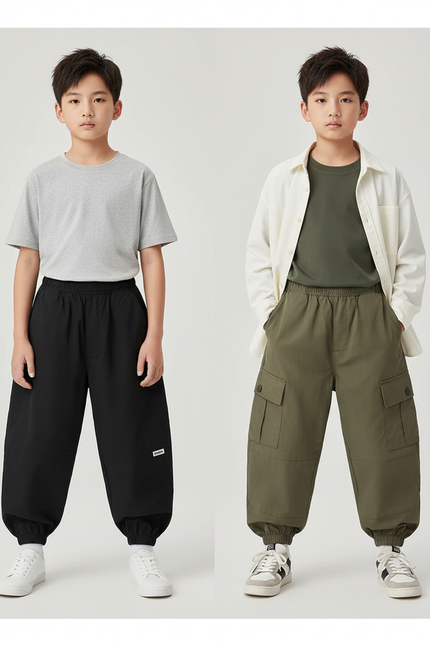 Pantalon Parachute Cargo Ample Garçon Décontracté - Kaki Polyester