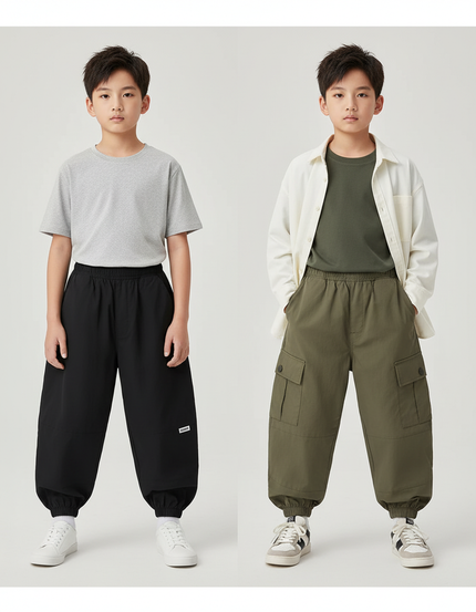 Pantalon Parachute Cargo Ample Garçon Décontracté - Kaki Polyester