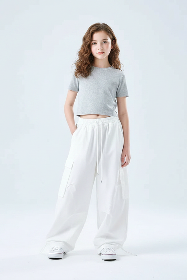 Pantalon Parachute Blanc Ample Cargo Enfant - Polyester