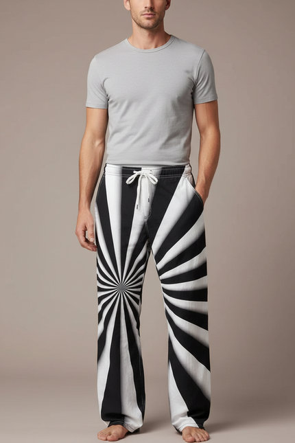 Pantalon Parachute Rayé Noir Blanc Ample Cordon - Imprimé Molleton