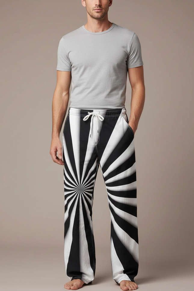 Pantalon Parachute Rayé Noir Blanc Ample Cordon - Imprimé Molleton