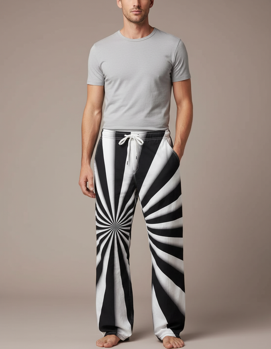 Pantalon Parachute Rayé Noir Blanc Ample Cordon - Imprimé Molleton