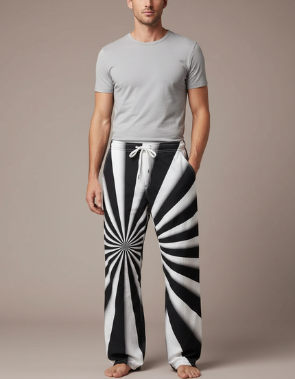 Pantalon Parachute Rayé Noir Blanc Ample Cordon - Imprimé Molleton