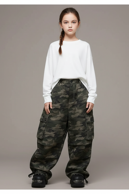 Pantalon Parachute Camouflage Cargo Ample Urbain Enfant - Kaki Toile