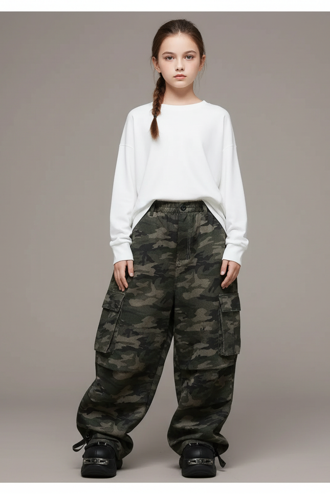 Pantalon Parachute Camouflage Cargo Ample Urbain Enfant - Kaki Toile