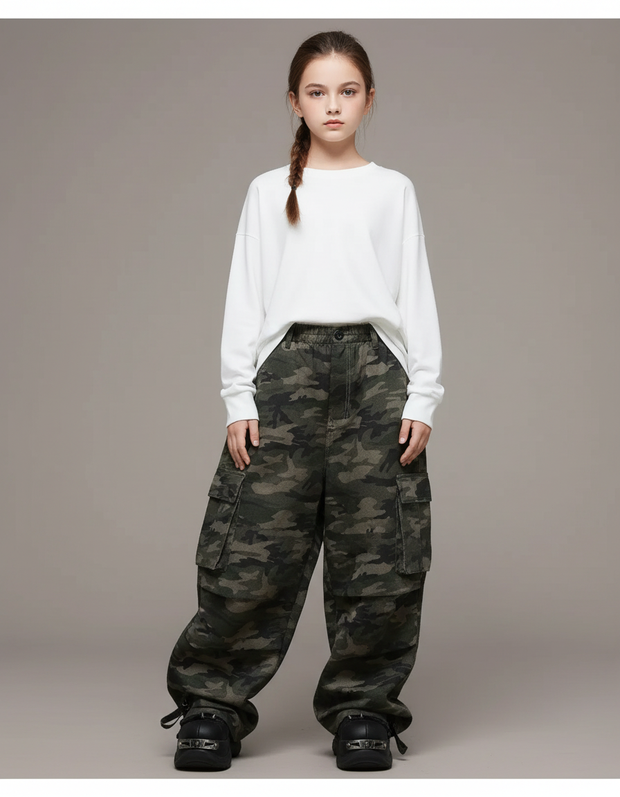 Pantalon Parachute Camouflage Cargo Ample Urbain Enfant - Kaki Toile