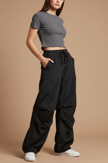 Pantalon Parachute Noir Ample Fluide Streetwear Femme - Polyester