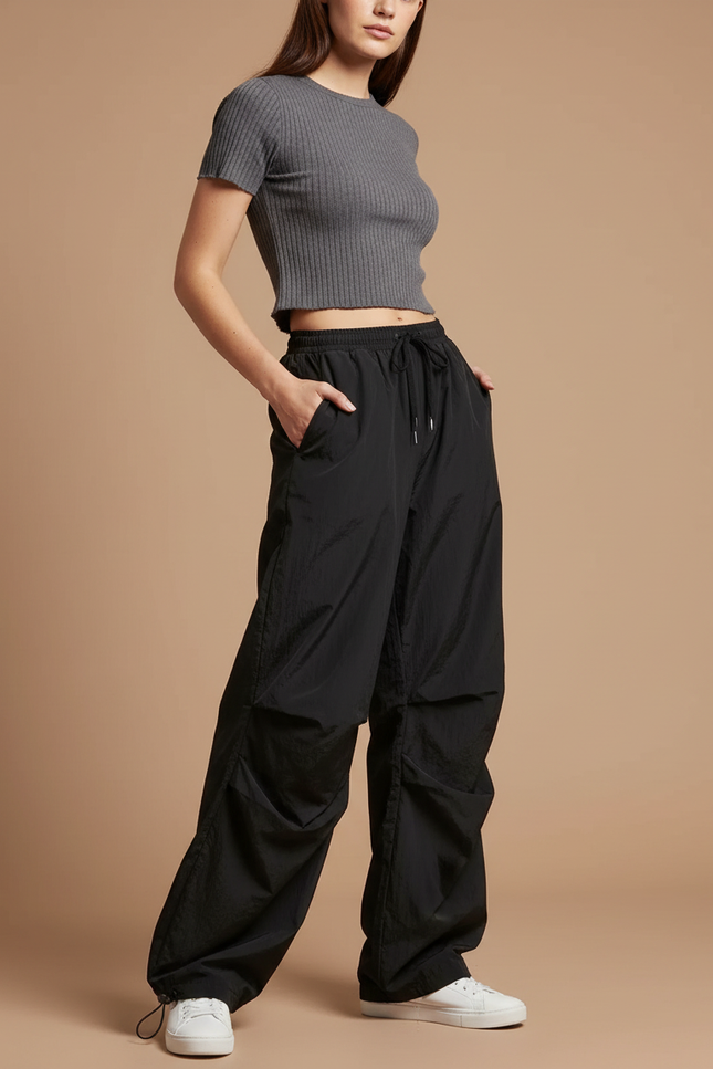 Pantalon Parachute Noir Ample Fluide Streetwear Femme - Polyester