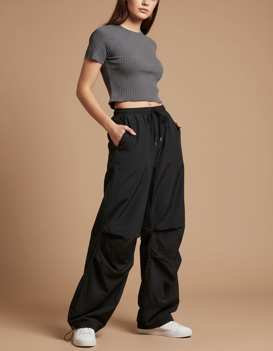 Pantalon Parachute Noir Ample Fluide Streetwear Femme - Polyester