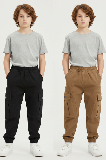 Pantalon Parachute Cargo Ample Garçon Coton Noir Marron