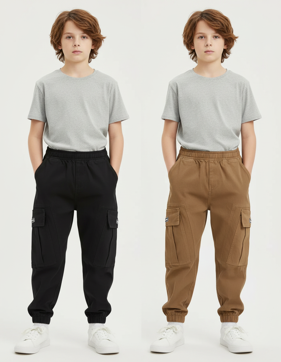 Pantalon Parachute Cargo Ample Garçon Coton Noir Marron