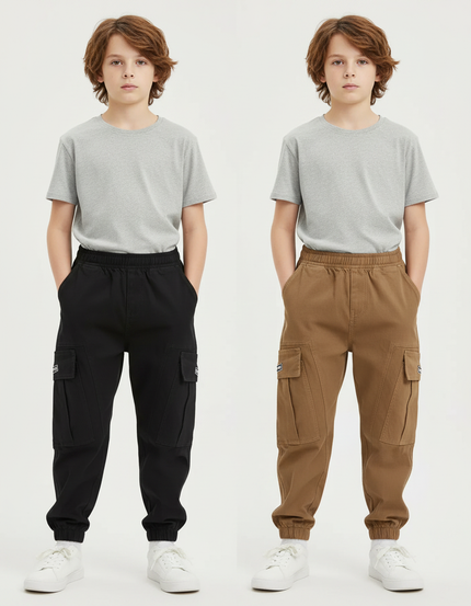 Pantalon Parachute Cargo Ample Garçon Coton Noir Marron