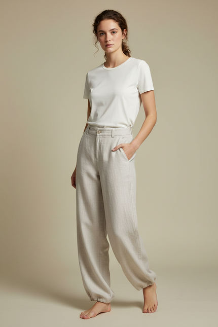 Pantalon Parachute Lin Ample Clair Élégant - Beige