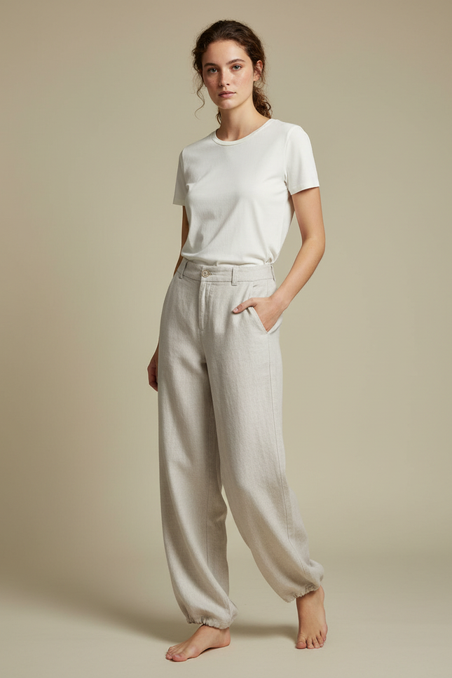 Pantalon Parachute Lin Ample Clair Élégant - Beige