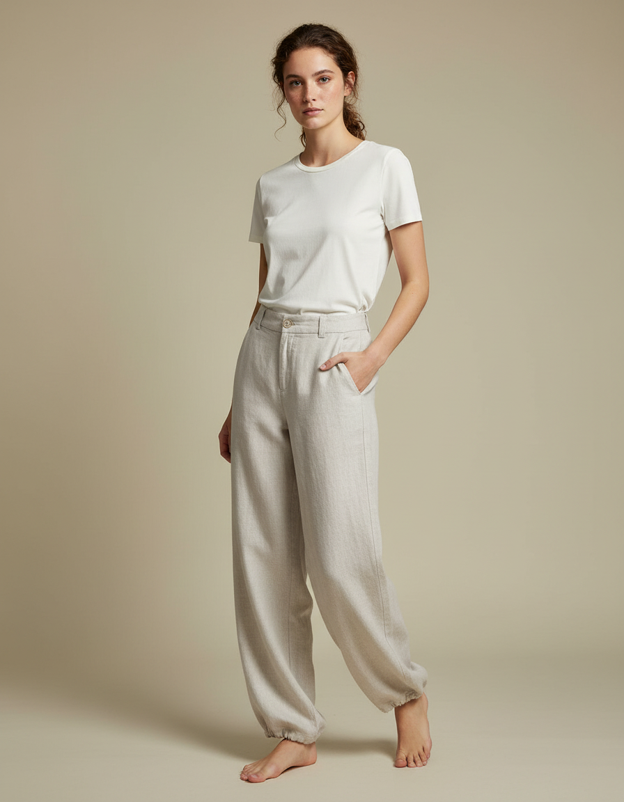 Pantalon Parachute Lin Ample Clair Élégant - Beige