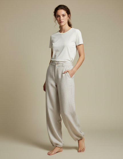 Pantalon Parachute Lin Ample Clair Élégant - Beige
