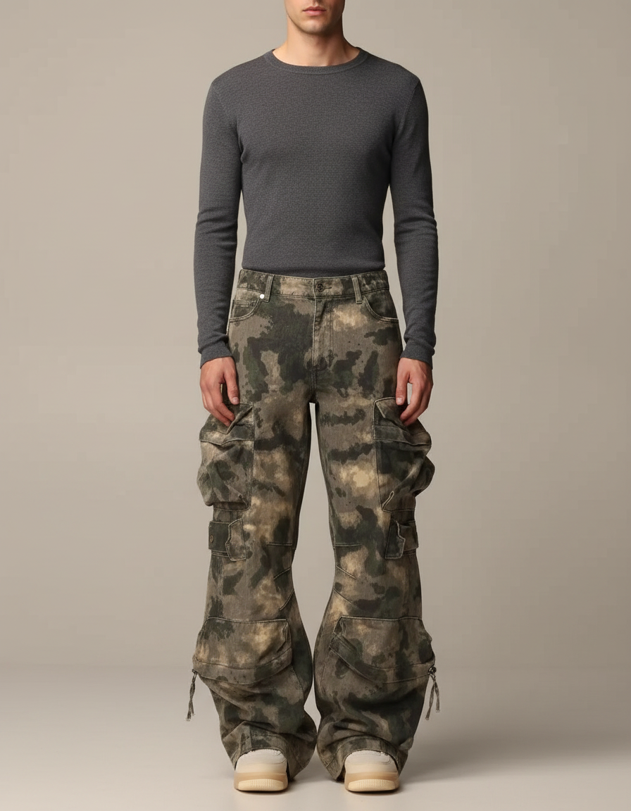 Pantalon Parachute Camouflage Ample Cargo Homme Décontracté - Multicolore Toile