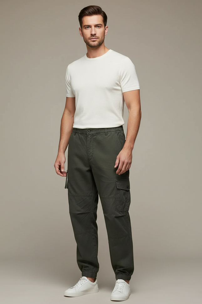 Pantalon Parachute Cargo Vert Ample Coton Homme - Kaki Toile