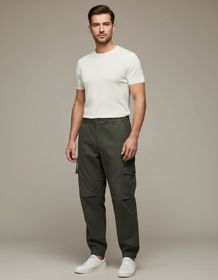 Pantalon Parachute Cargo Vert Ample Coton Homme - Kaki Toile
