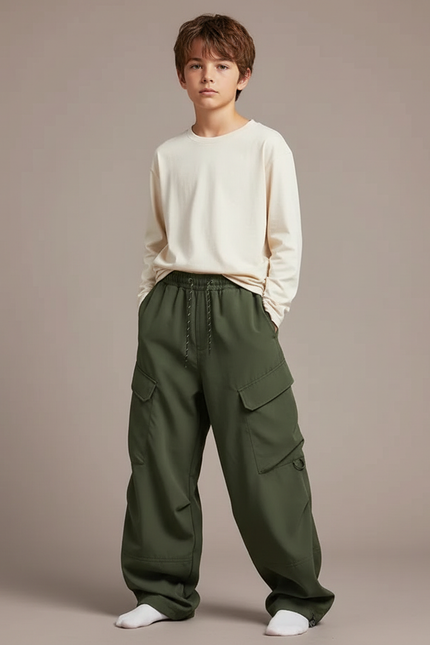 Pantalon Parachute Kaki Cargo Ample Garçon Streetwear - Polyester